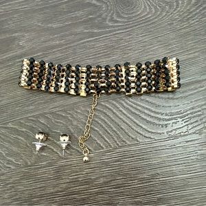 Black rhinestone choker and earring set